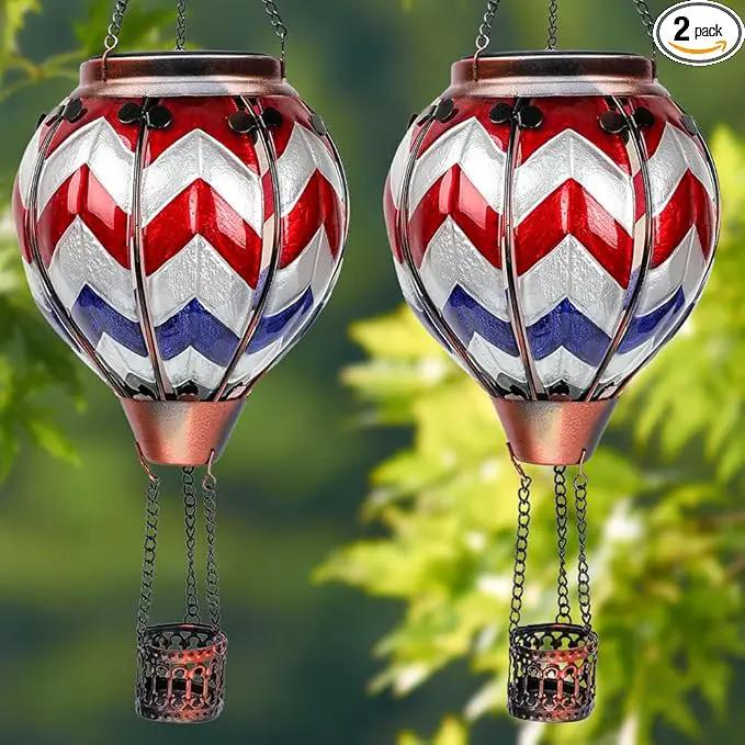 2PCS Solar Hot Air Balloon Lanterns with Flame with Shepherd's Hooks, Glass Hanging Flickering Lights Outdoor Waterproof for Garden Tree Yard Patio Mother's Day Gift, 18" H Wavy by GreenHaven Gardens