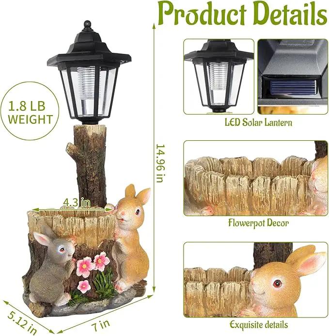Solar Bunny Garden Stalue Outdoor, Rabbits Figurine Flowerpot Decolwith Solar Lantem for Yard Art Lawn Ornaments Porch Patio Balcony - Gardening Gifts for Women Mom by GreenHaven Gardens