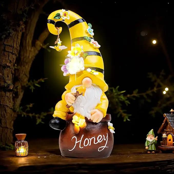 13" Garden Solar Spring Gnomes Statues Outdoor Spring Decor with LED Lighted Bee and Flowers Funny Garden Sculpture for Patio Yard Lawn Decorations Gifts by GreenHaven Gardens