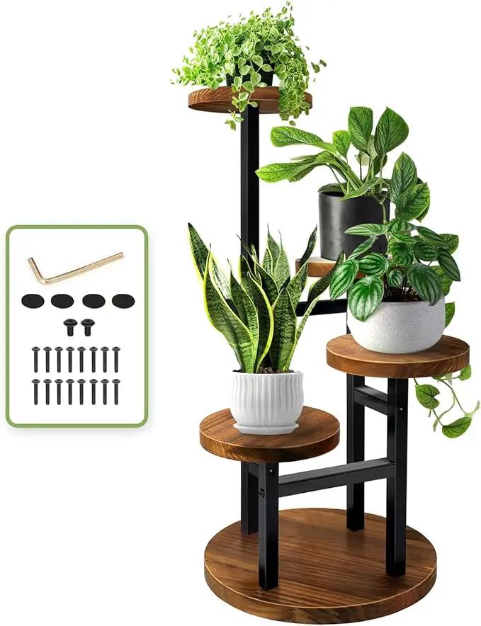 AUGOSTA 4 Tier Corner Plant Stand, Tall Metal Wood Plant Shelf Holder for Indoor, Outdoor Display Rack Flower Pot Stand for Living Room Balcony Garden Patio by GreenHaven Gardens