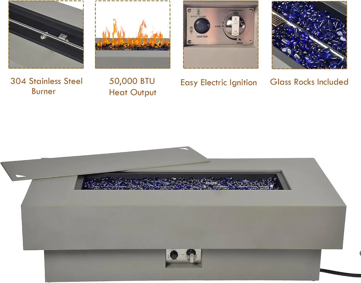 48-inch Fire Table with Natural Gas Conversion Kit, 50,000BTU Outdoor Modern Patio Fire Pit Table w/Rectangular Burner Lid, Glass Rocks, Cover by GreenHaven Gardens