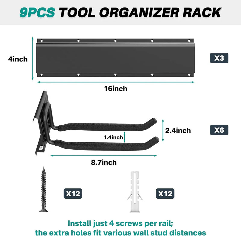 EVERHANGER Garage Tool Storage Organizer, Wall Mount Garden Tool Rack Organization, Heavy Duty Folding Chair Hangers with 6 Adjustable Hooks, Max Load 450lb, 48inch by GreenHaven Gardens