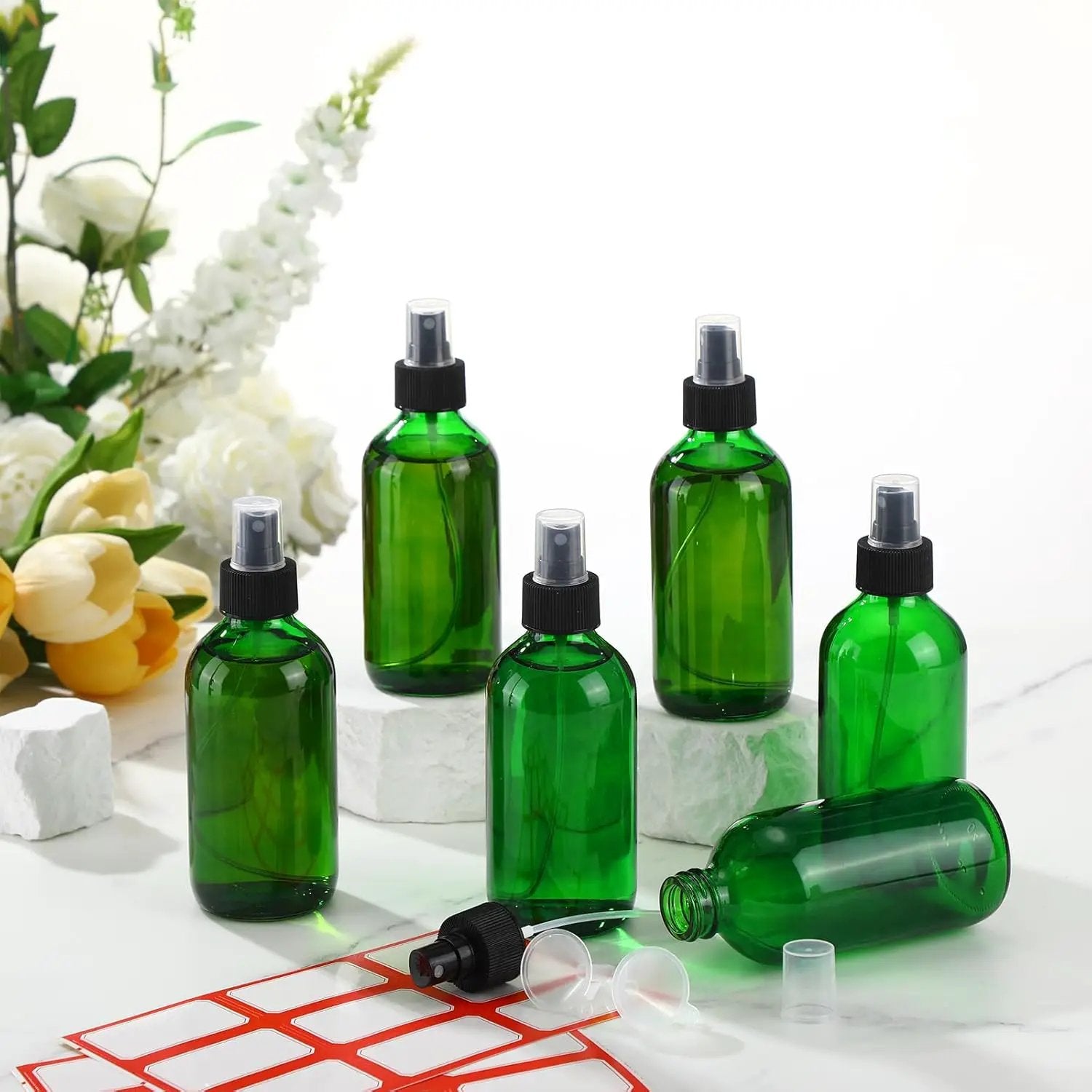 Norme 12 Pcs 8 oz Glass Spray Bottles with Funnels and Labels Refillable Cosmetic Empty Spray Bottles with Sprayer Containers for Essential Oil Cleaning Solutions (Green,Stylish) by GreenHaven Gardens