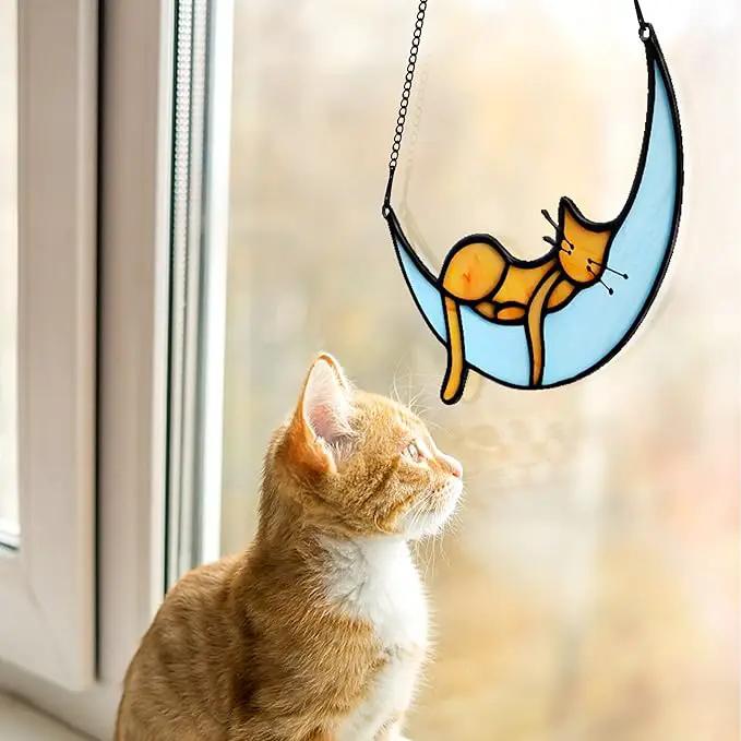 BOXCASA Sleeping Cat Stained Glass Windown Hanging,Orange Cat on Moon Beautiful Handcrafted Sun Catcher Gifts for Daughter,Mothers Day,Christmas and Cat Lover by GreenHaven Gardens