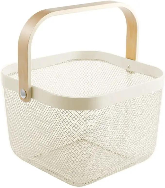 Metal Mesh Steel Basket, Storage Organizer Basket Multi-functional Hanging Kitchen Baskets Fruit Basket Bin with Bamboo Handle for Kitchen Bathroom Picnic Shopping Decor Cabinet Home, Beige by GreenHaven Gardens