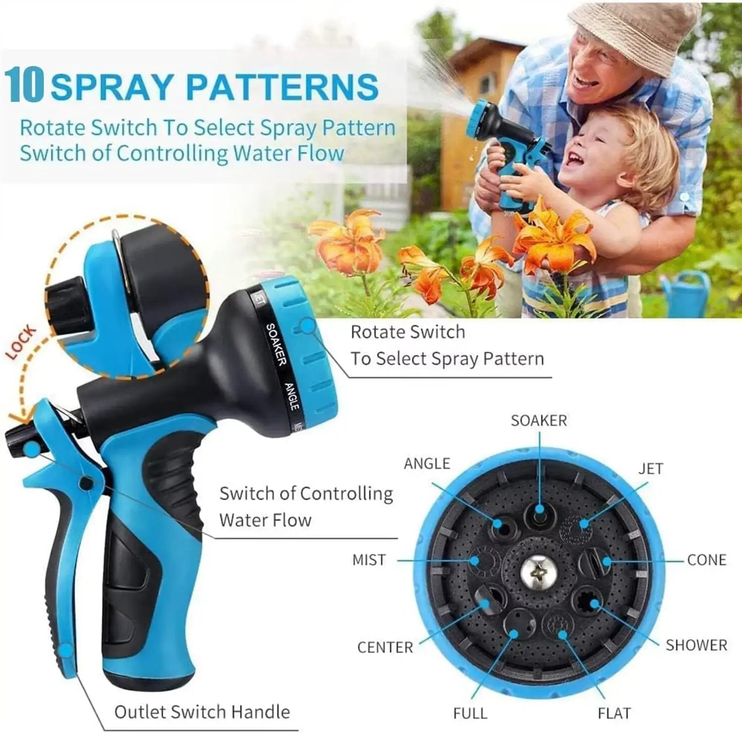 100ft Garden Hose - Water Hoses w/10 Function Spray Nozzle, 2025 New Superior Strength Flexible Hose, 3/4" Brass Connectors- Leakproof Lightweight Water Pipe for Gardening(Blue Black) by GreenHaven Gardens