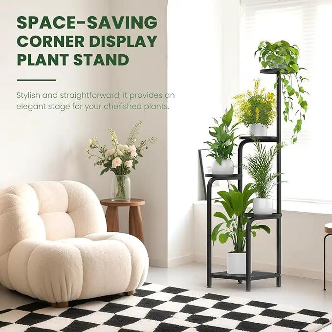 TOSKING 5 Tier Tall Plant Stand Indoor Outdoor, Heavy Duty Corner Shelf for Plants & Decor, Space Saving 3.9FT Metal Flower Pot Stand for Balcony, Garden, Living Room, Patio (Black, 47in) by GreenHaven Gardens