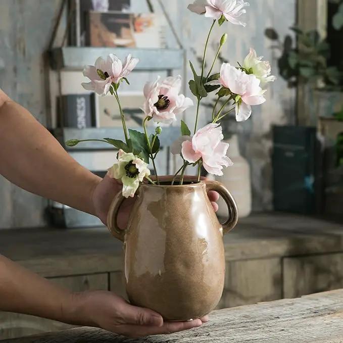 Brown Ceramic Vase with 2 Handles, Modern Farmhouse Decor, Rustic Terracotta Pottery, Decorative Flower Vases, Clay Small Vase, Centerpiece for Dining Table - 7 Inch Tall by GreenHaven Gardens
