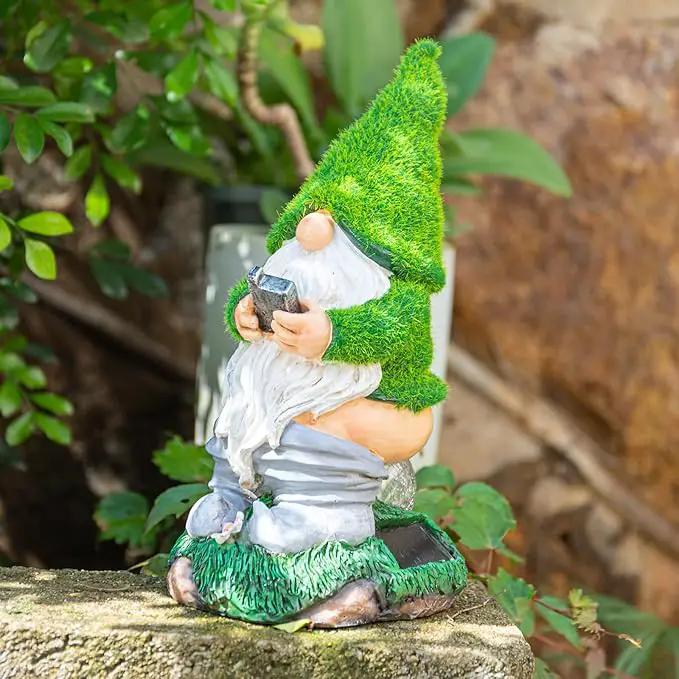 Garden Gnome Statues - Resin Gnome Figurine Sitting on Solar Crackle Glass Globe Lights, Funny Garden Gnome Ornament for Patio Yard Lawn Porch Outdoor Decor by GreenHaven Gardens