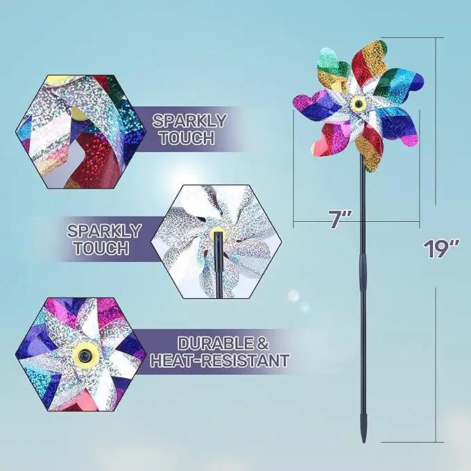 BATTIFE 10 Pack Sparkly Rainbow Pinwheels, Reflective Wind Spinner for Yard and Garden with Stakes, Decor Windmill to Scare Birds Away for Lawn and Patio by GreenHaven Gardens