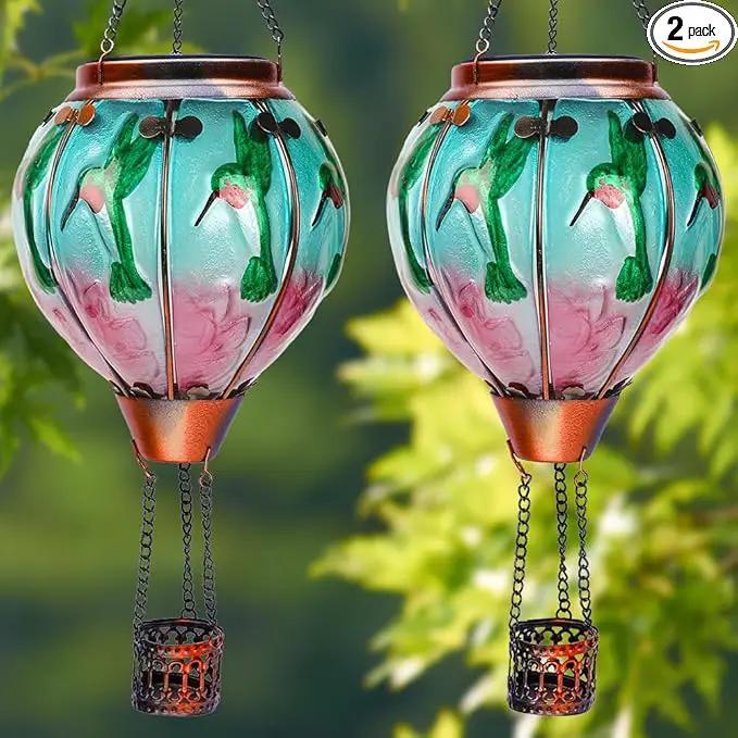 2PCS Solar Hot Air Balloon Lanterns with Flame Glass Hot Air Balloon Lights with 2PCS Shepherd's Hooks Waterproof Hanging Outdoor Solar Lantern for Yard Patio Christmas Decor (Hummingbird) by GreenHaven Gardens