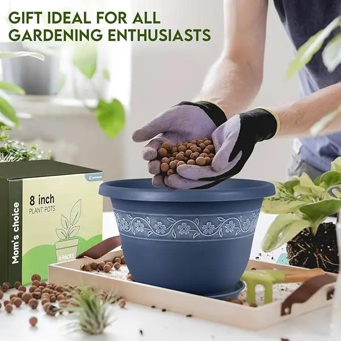 8 Inch Plant Pots with Drainage Hole - Lightweight Flower Pots for Herbs and Flowers - Home Decor Plastic Planters for Indoor Outdoor Plants- Pack of 6 (Blue, 8 inch) by GreenHaven Gardens