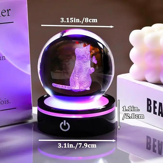 YWHL 3D Crystal Ball Cat Gifts for Women Cat Lover for Christmas Birthday, Laser Cat and Butterfly Figurine with LED Base, Cat Ornament Glass Decorative Ball Globe Night Light for Home Decor (80mm) by GreenHaven Gardens