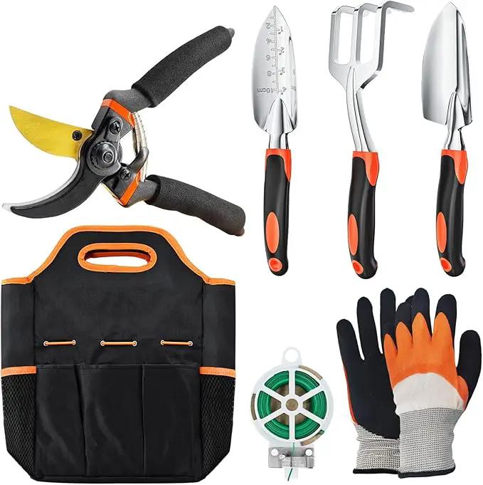 ESOW Garden Tool Set 7 PCS, Includes Cast-Aluminum Heavy Duty Hand Trowel, Transplant Trowel, Hand Rake, SK-5 Steel Gardening Scissor, Plant Tie, Bag & Gloves, Tool Kit Gifts by GreenHaven Gardens