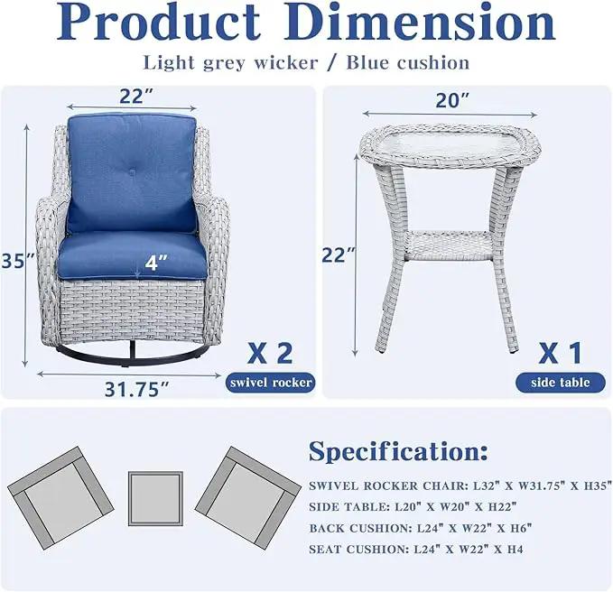 Outdoor Swivel Rocker Patio Chairs Set of 3,High Back Swivel Patio Chairs Wicker Furniture Set,2 PCS Rattan Swivel Rocking Chair with Side Table,Light Grey Wicker (A089-2) by GreenHaven Gardens
