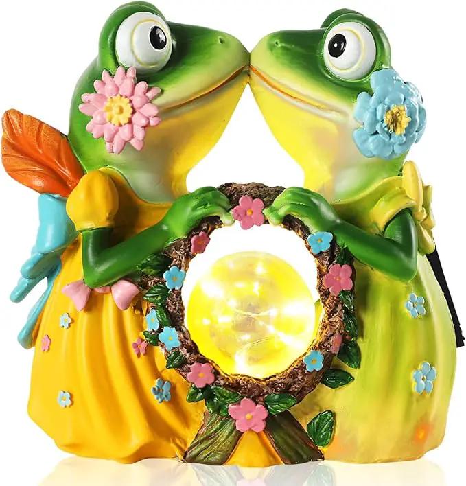 Solar Garden Decor Statue 6.5" Resin Kissing Frog Figurines with Glass Ball Waterproof Frog Decor for Outside Yard Patio Porch Decoration Gift for Mom Grandma Wife by GreenHaven Gardens