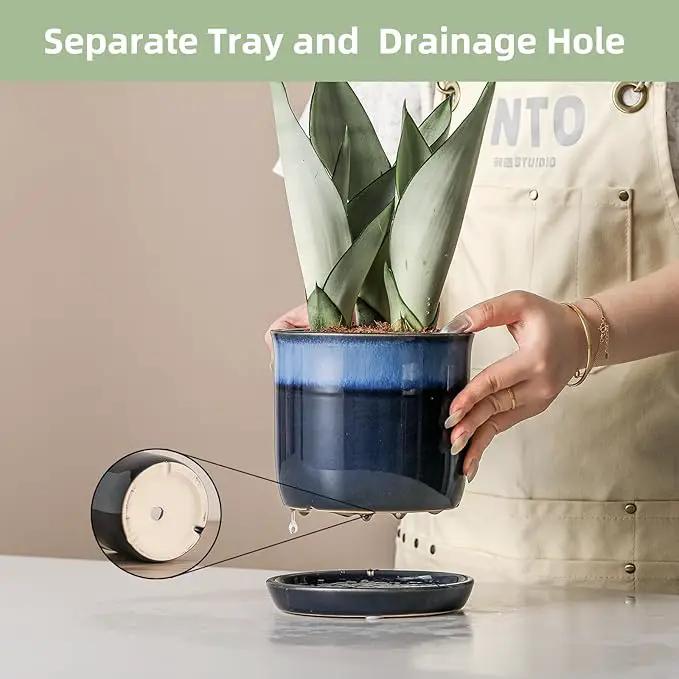5.8 Inch Plant Pot: Ceramic Planter with Drainage Hole & Saucer - Gradient Blue Flowerpot for Indoor & Outdoor Plants with Separate Tray by GreenHaven Gardens