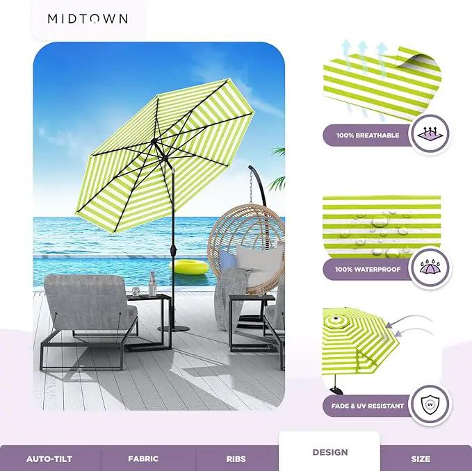 Midtown Umbrellas The Lean 9 Feet Outdoor Umbrella With Terylast Pear Stripes (Green/White Stripes) Polyester Fabric - Auto-Tilt Aluminum Frame Patio Umbrella For Deck, Garden, Pool - Black Pole by GreenHaven Gardens