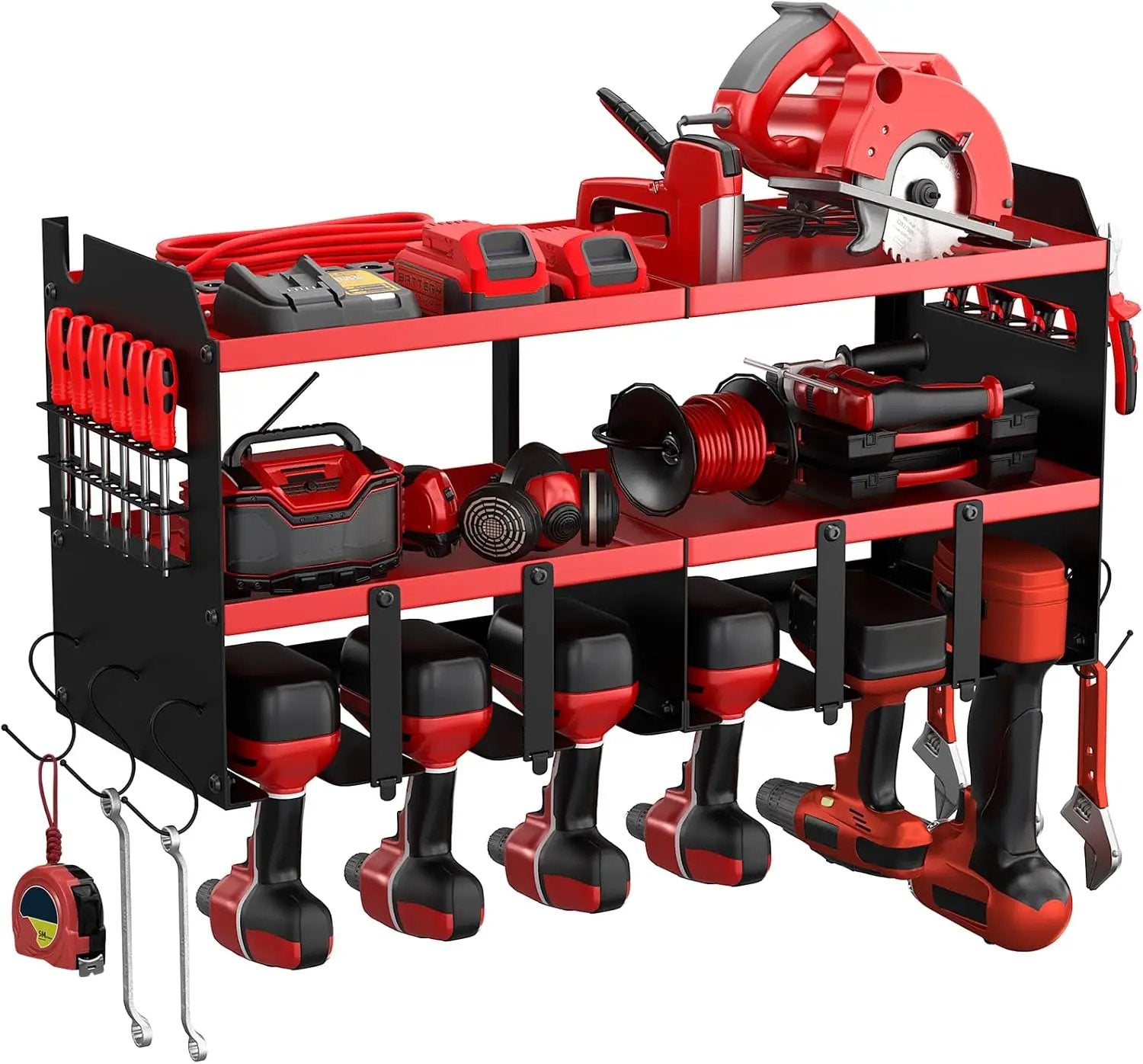 Power Tool Organizer Wall Mount with 6 Drill Holders, Heavy Duty Metal Utility Racks with Large Top Shelf & Side Hooks, Efficient and Organized Storage for Garage, Workshop, Shed, Pegboard by GreenHaven Gardens
