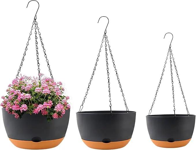 8/10/12 inch Plant Pot Hanging Planters Self Watering Pots for Indoor Plants, 3 Pack Plastic Hanging Basket with Removable Tray for Home Garden Porch Balcony Patio Decor(Black) by GreenHaven Gardens