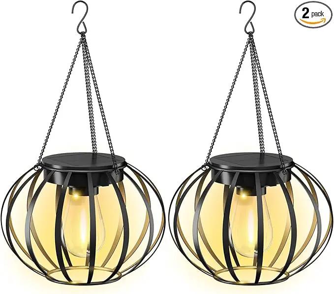 Solar Lanterns Outdoor Waterproof - 2 Pack Solar Outdoor Lanterns, 15"" Solar Lights Outdoor Hanging, Lanterns Decorative Outdoor Pumpkin Shape, Black, Wq-OSL-001 by GreenHaven Gardens