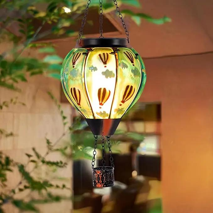 Solar Hot Air Balloon Lantern Flickering Flame, Sky Blue Glass Hot Air Balloon Solar Lantern Outdoor Waterproof, Decorative Hanging Hot Air Balloon Solar Light for Outside Garden Patio Yard by GreenHaven Gardens