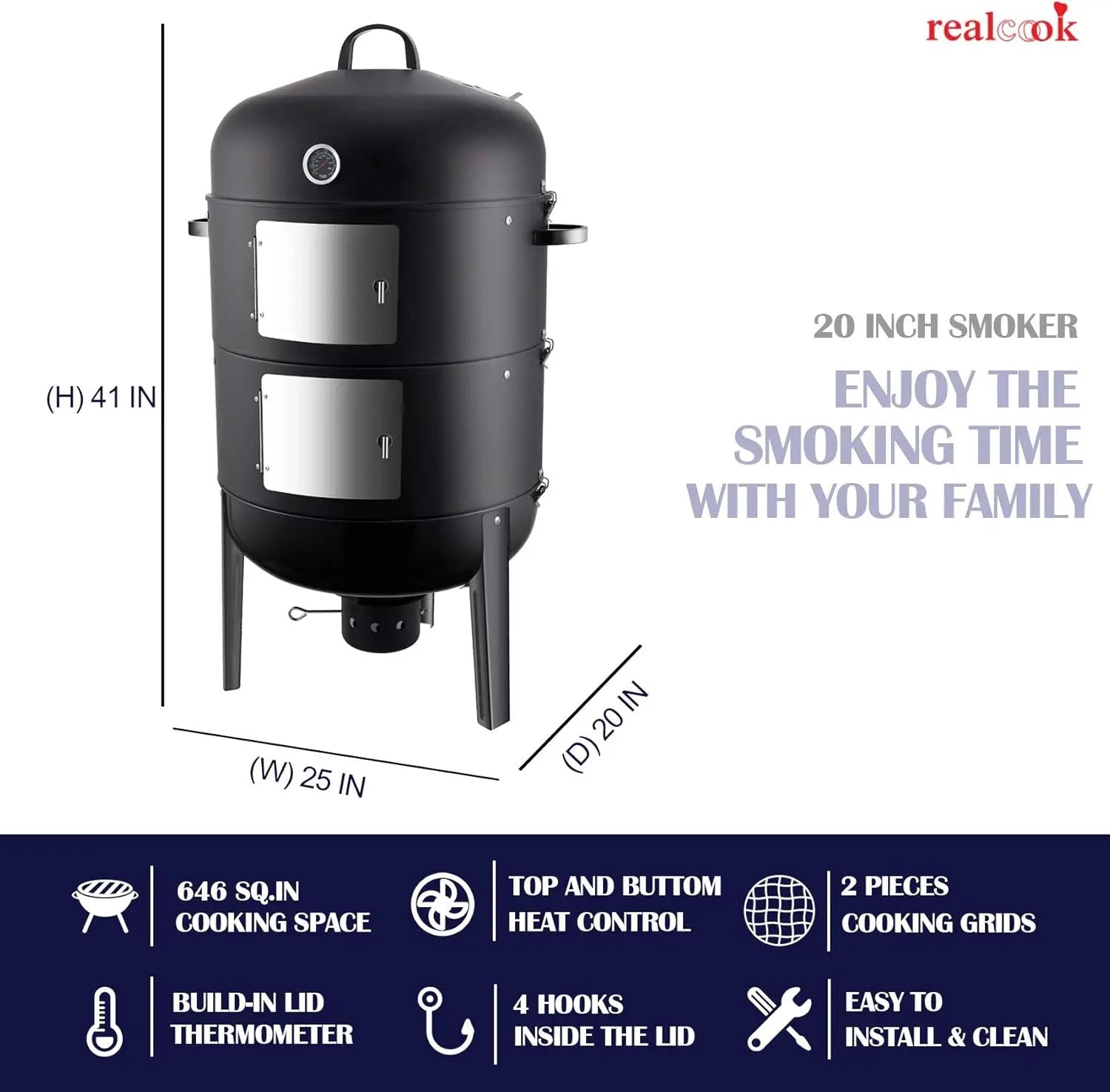 Realcook Charcoal BBQ Smoker Grill - 20 Inch Vertical Smoker for Outdoor Cooking Grilling by GreenHaven Gardens
