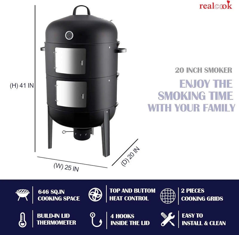 Realcook Charcoal BBQ Smoker Grill - 20 Inch Vertical Smoker for Outdoor Cooking Grilling by GreenHaven Gardens
