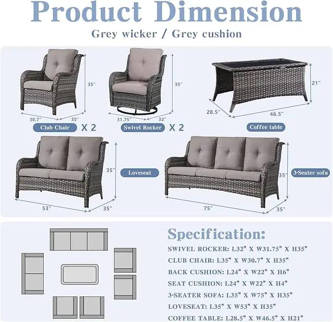 Outdoor Wicker Furniture Patio Set - 7 Piece Backyard Furniture Grey Rattan Conversation Sets with Swivel Rocker Chairs, Rattan Sofa, Club Chairs and Coffee Table, Grey Cushion by GreenHaven Gardens