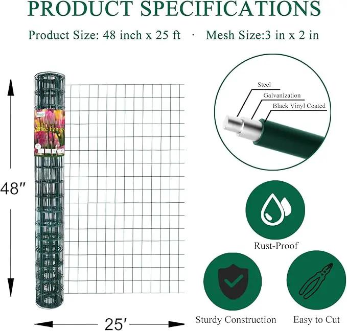 Green PVC Coated Welded Wire Fence 48 Inch x 25 Foot, 2 Inch x 3 Inch 16GA, Garden Border Fencing Roll Vinyl Coating Metal Wire Mesh for Yard Vegetable Plant Protection Poultry Netting by GreenHaven Gardens