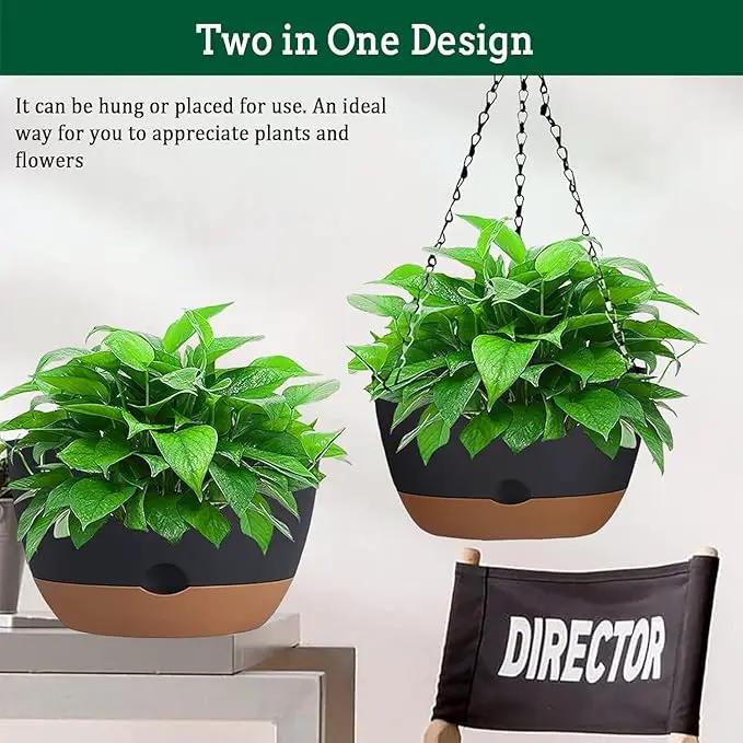2 Pack Hanging Planters Set,10 Inch Indoor Outdoor Hanging Plant Pot Basket,Hanging Flower Pot with Drainage Hole with 3 Hooks for Garden Home… (Black Hanger Black Planters) by GreenHaven Gardens