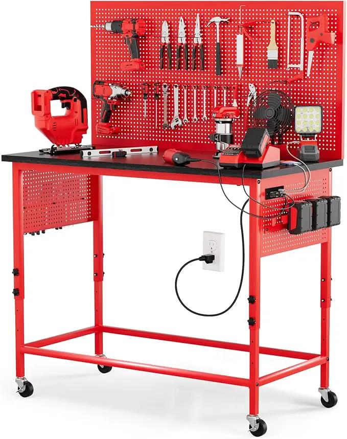 47" Heavy Duty Adjustable Workbench with Power Outlets, Pegboard & Locking Wheels - 2100LB Capacity Garage Work Table, Compatible with Milwaukee Battery, Reinforced Steel Frame for Workshop & Home Use by GreenHaven Gardens