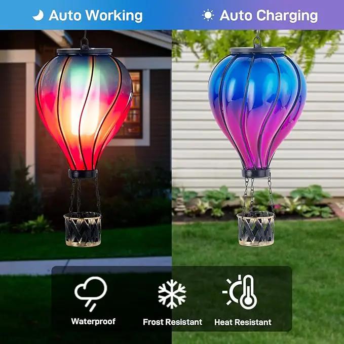 Starsoul Glass Hot Air Balloon Solar Lantern with Flickering Flame Light Blue & Purple Solar Powered Hot Air Balloon Lamp Waterproof Hanging Solar Lantern for Garden Yard Patio Porch Decor by GreenHaven Gardens