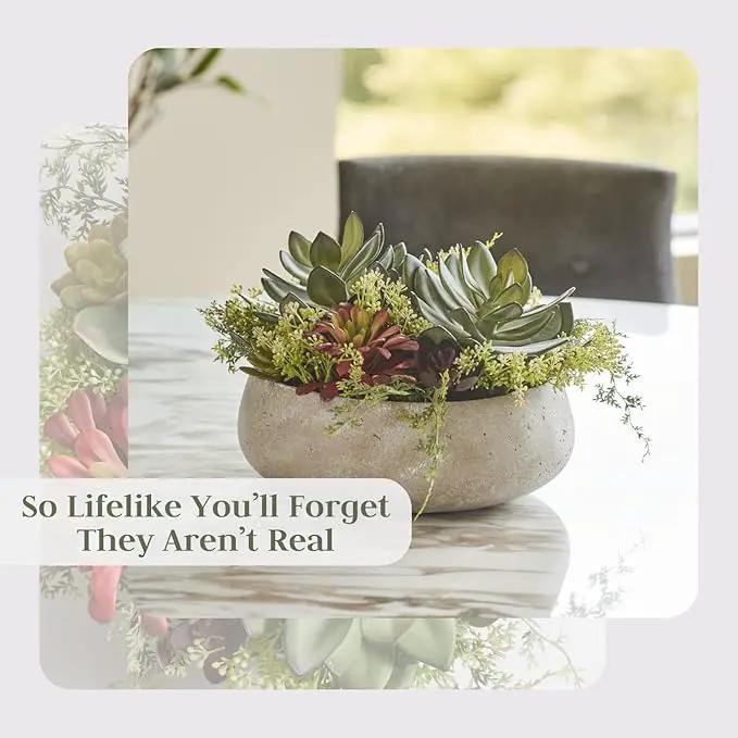 Round Faux Succulent Arrangement, 14" Premium Artificial Indoor Plant Enhances Interior Design, Display on Any Surface in Your Home Adding an Inviting Touch of Nature, Natural Planter Pot Included by GreenHaven Gardens