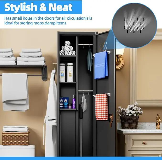 72''H Metal Broom Closet Storage Cabinet with Wheels & Pegboards, Mops Broom Closet Organizer with Locking Door & Hanging Rod,Cleaning Tool Garage Storage Cabinet,Assembly Required,Black by GreenHaven Gardens