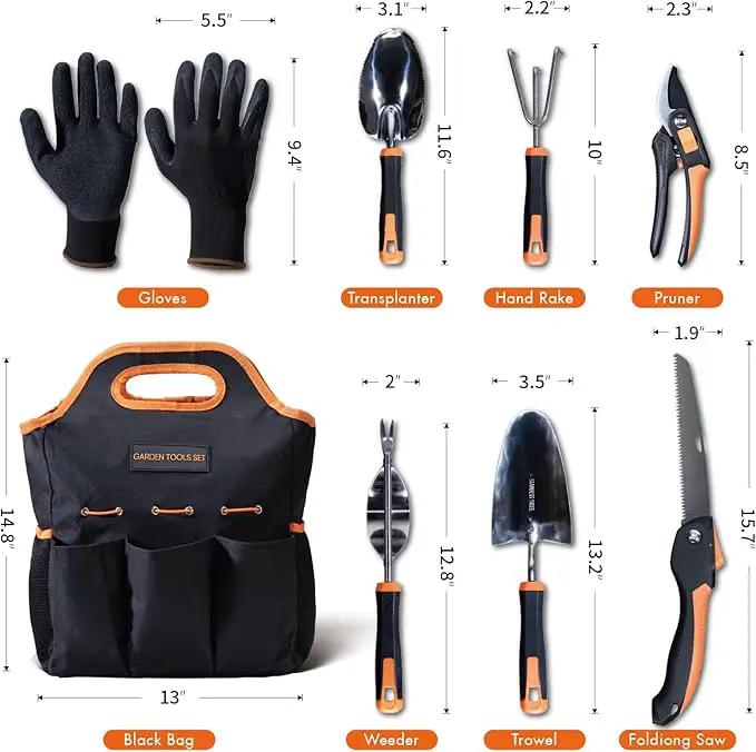 DTRK 8-Piece Large Garden Tool Set 304 Stainless Steel Garden Tool Kit with Handbag,Pruning Shears,Gloves Heavy Duty Gardening Hand Tools with Non-Slip Rubber Grip,Ideal Gifts for Women & Men Orange by GreenHaven Gardens