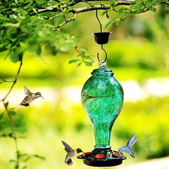 LUJII Hummingbird Feeder, Hand Blown Glass Hummingbird Feeder, Never Fade, 36 Fluid Ounces, 5 Feeding Metal Stations, Much Bigger, Garden Backyard Decorative, Containing Ant Moat (Blue) by GreenHaven Gardens