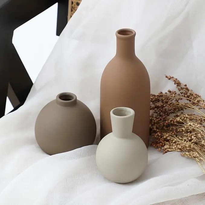 Ceramic Vase Set of 3, Vases Home Decor Rustic Farmhouse Decorative Vase Pottery Vases for Bouquet Pampas Grass Dried Fresh Flowers, Table Living Room Kitchen Bedroom Bathroom - Brown by GreenHaven Gardens