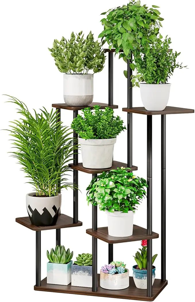 AZERPIAN Plant Stand 7 Tier Indoor Metal Flower Shelf for Multiple Plants Corner Tall Flower Holders for Patio Garden Living Room Balcony Bedroom, Black Oak by GreenHaven Gardens