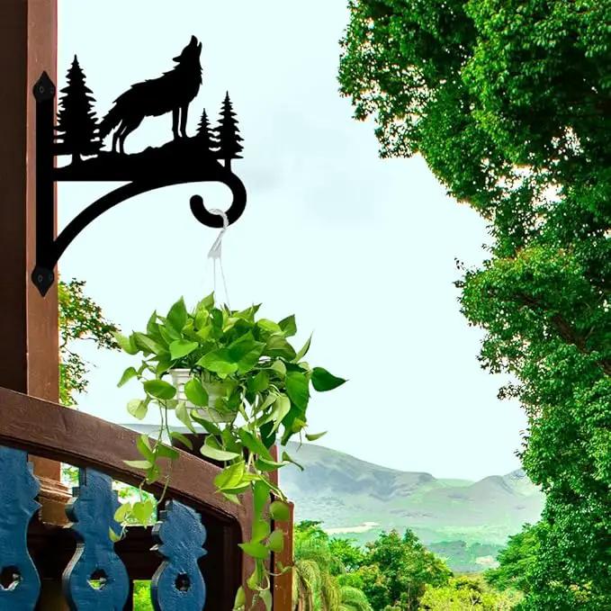 Peacoblue Iron Plant Hangers Hooks for Outdoor Indoor Hanging Plant Flower Fern Pots Lantern Bird Feeder,12"x15" Weather Resistant Metal Wall Holder for Porch Garden Farmhouse(Howling Wolf and Forest) by GreenHaven Gardens
