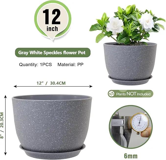 Plant Pots 12 inch, Plastic Planters with Drainage Holes and Saucers, Large Flower Pots for Indoor Outdoor Plants, Modern Decorative Pots for Garden House Plants, Speckled Grey by GreenHaven Gardens