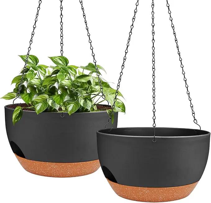 Hanging Planters for Outdoor Indoor Plants, 2 Pack 12 Inch Hanging Basket Plants Outdoor, Self Watering Hanging Planter with Plant Hanger for Garden Home Decoration (Black) by GreenHaven Gardens