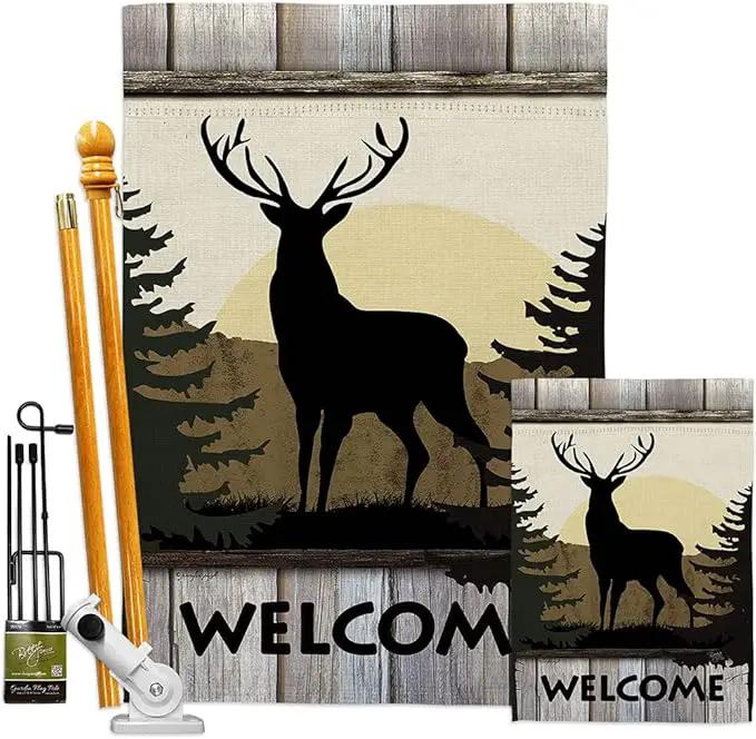Welcome Deer Garden House Flags Kit Animals Wildlife Outdoor Bear Wolf Pet Nature Farm Animal Creature Small Decorative Gift Yard Banner Double-Sided Made In USA 28 X 40 by GreenHaven Gardens