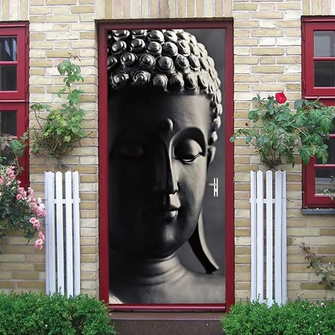3D Door Stickers - Buddha Statue - Peel & Stick - Waterproof & Washable - Matt Finish - Oriental Style - Black - 37.4" x 84.6" - 2 Pieces by GreenHaven Gardens