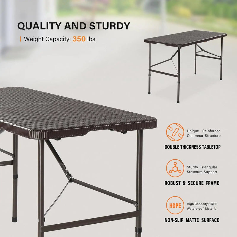 VINGLI 4 FT Plastic Folding Camping Table, Portable in/Outdoor Party Picnic Dining Desk,Garden Soccer Multipurpose Entertaining Activities, Brown by GreenHaven Gardens