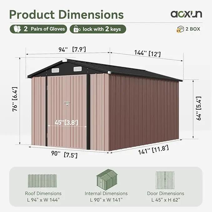 Aoxun 12x7.5 FT Shed Outdoor Storage Shed with Spacious Door Large Sheds with Double Lockable Door Galvanized Metal Shed for Garbage Can, Bike, Mower, Brown by GreenHaven Gardens