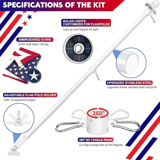 ZMTECH 5FT Flag Pole Kit with Solar Light and Proud American Flag, Adjustable Bracket and Upgraded Tangle-Free Ring 1" Stainless Steel Flagpole for Day and Night, Residential, Commercial, White by GreenHaven Gardens