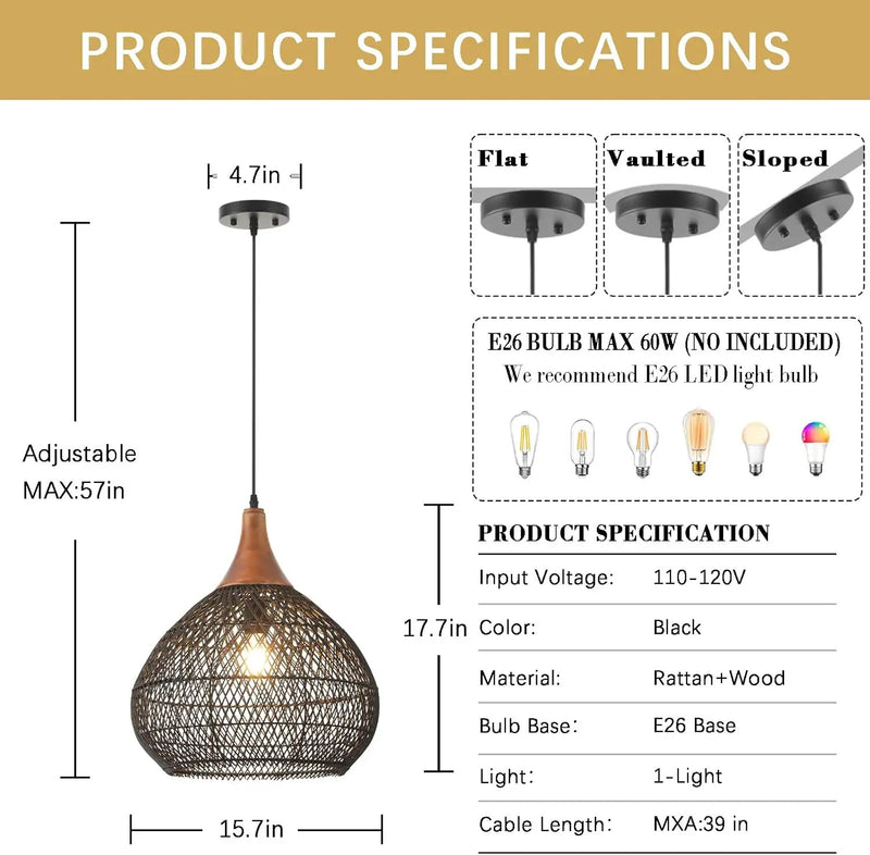 Black Rattan Pendant Light, 15.7" Rattan Chandelier Hand-Woven Wicker Pendant Light Fixtures with Solid Wood, Basket Hanging Lighting for Dining Room Kitchen Island Living Room by GreenHaven Gardens