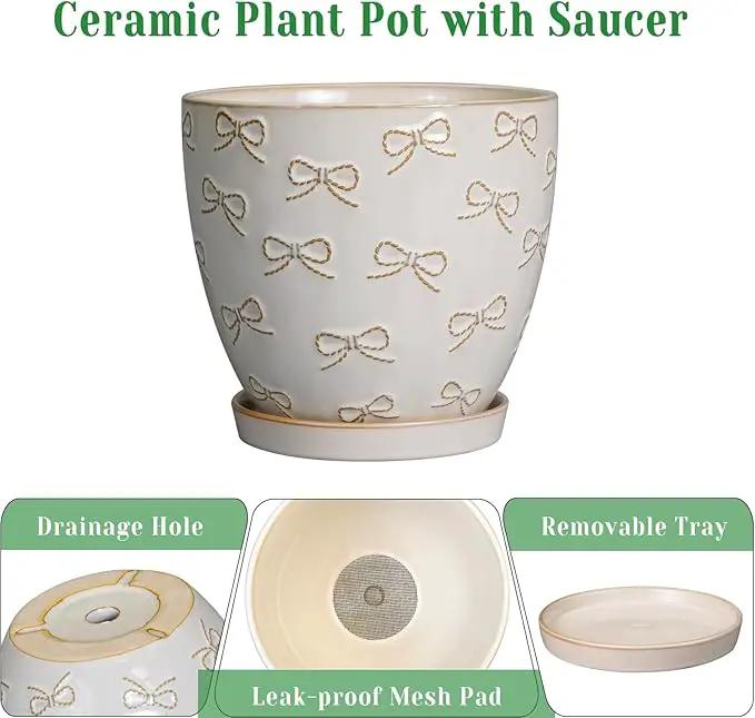 Ceramic Plant Pot 6 Inch - Ceramic Planter with Drainage Hole and Saucer Round Planter Flower Pot for Indoor Plants Outdoor Home Garden Office Decor White by GreenHaven Gardens