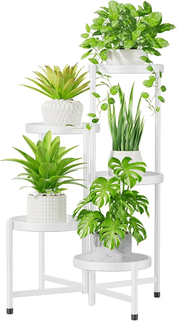 iDavosic.ly 5 Tier Large Plant Stand Indoor with 10 Inch Wide Tray, Tiered Corner Metal Outdoor Flower Display Holder Shelf, Folding Tall Rack for Patio Porch Living Room, White by GreenHaven Gardens